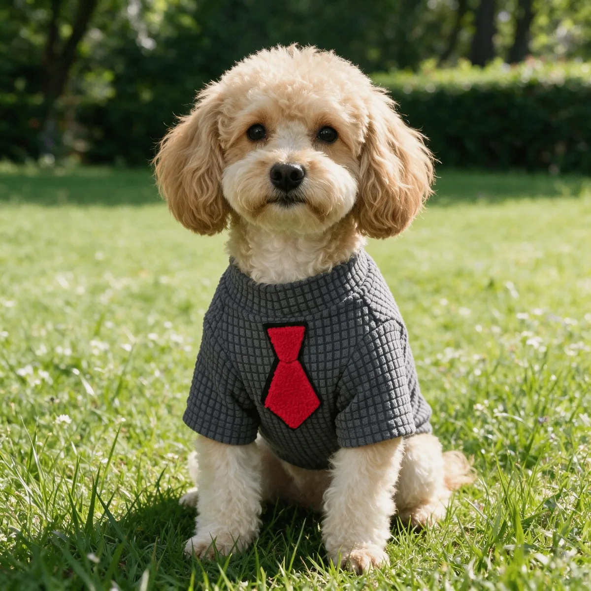 Waffle Knit Dog Shirt with Red Tie